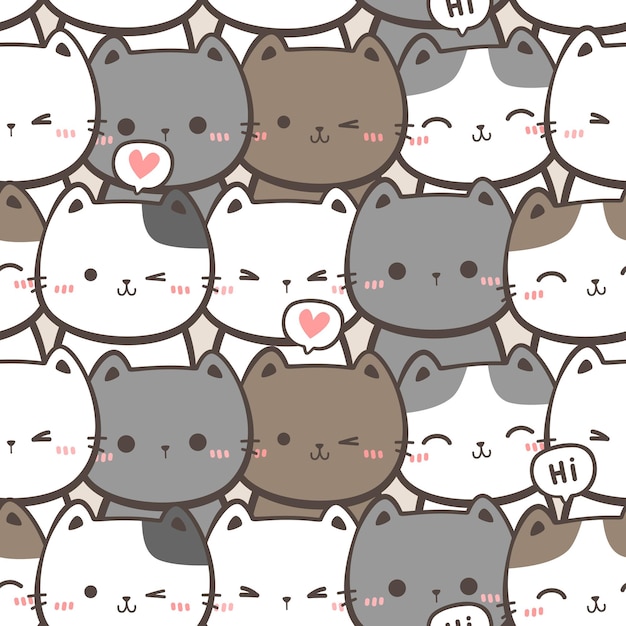 Cute cat kitty head cartoon doodle seamless pattern