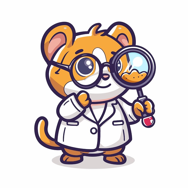Vettore gatto carino in cappotto da laboratorio con lente d'ingrandimento illustrazione vettoriale