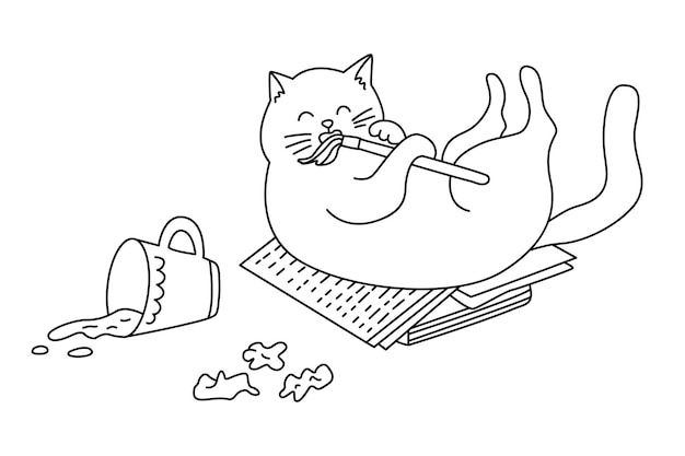 本の上に横たわってブラシで遊ぶかわいい猫面白いいたずらなペットの落書き手描きイラスト