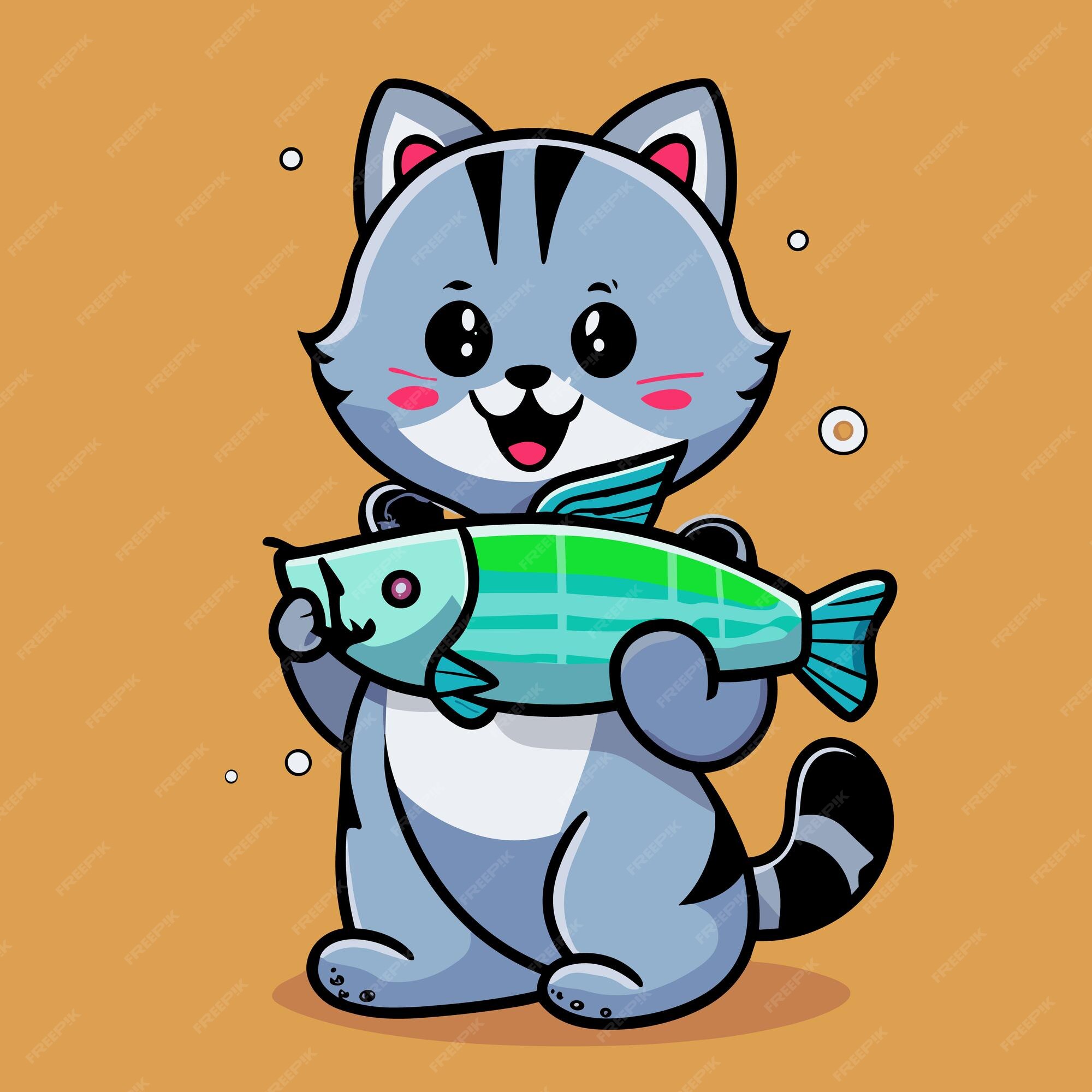 Premium Vector | Cute cat like to eat fish vector icon illustration