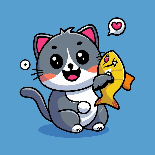 Premium Vector | Cute cat like to eat fish vector icon illustration