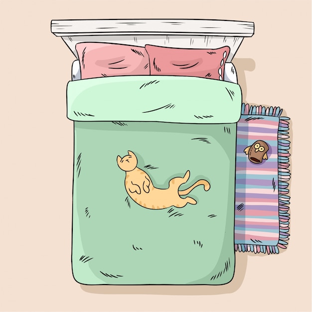 Cute cat lying on the bed belly up. Top view. Cartoon style image