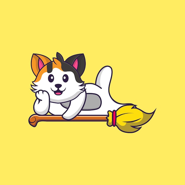 Cute cat lying on Magic Broom Animal cartoon concept isolated