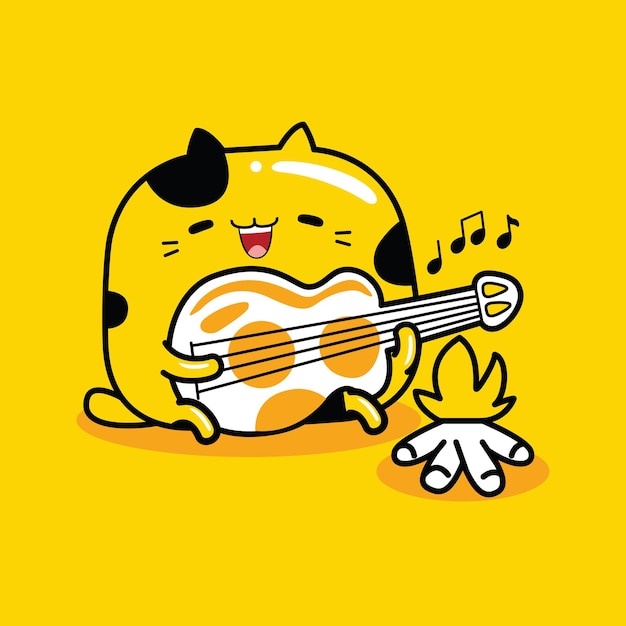 플랫 만화 스타일로 기타 직업을 연주하는 귀여운 고양이 마스코트 캐릭터