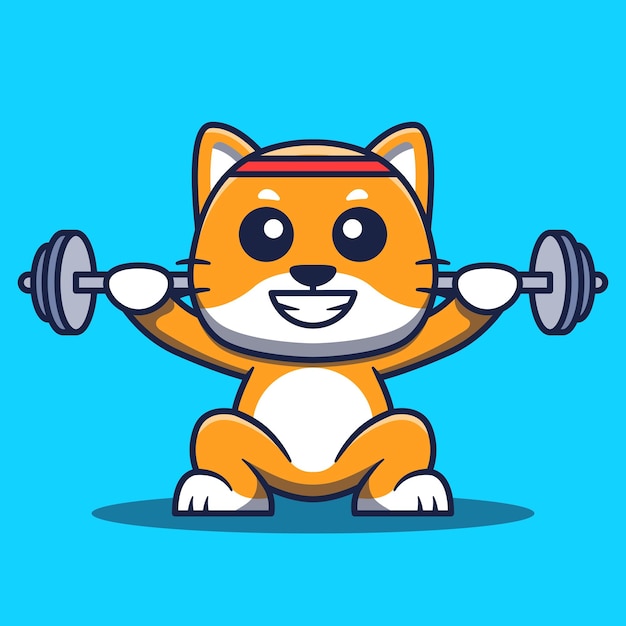 バーベルを持ち上げて運動するかわいい猫のマスコット 漫画イラスト
