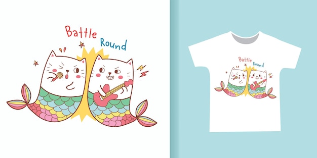 かわいい猫の人魚の戦いtシャツのデザインのための音楽漫画