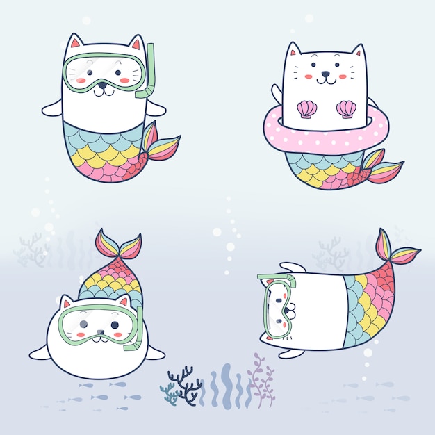 かわいい猫の人魚漫画手描き海の下でのダイビング