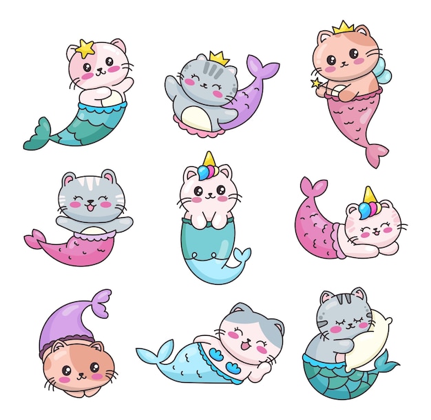 Vector cute cat mermaid character beautiful cartoon kitty unicorn