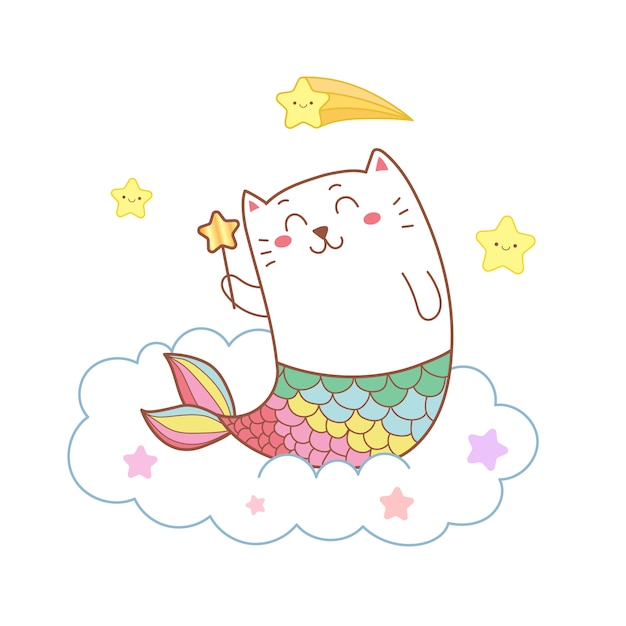 Vector cute cat mermaid on the cloud with stars.