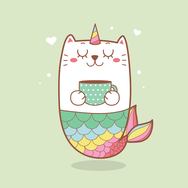 Cute cat mermaid holding a coffee cup with pastel color.