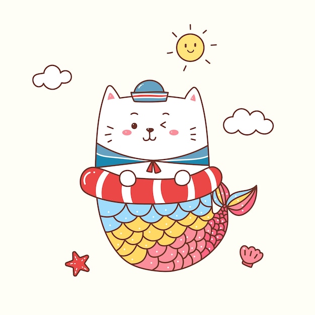 Cute cat mermaid sailor for summer time