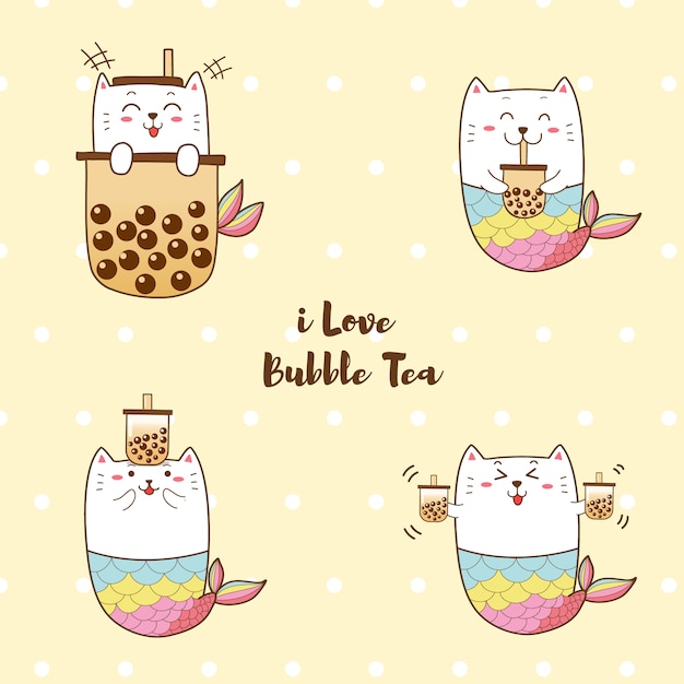 Cute cat mermaid with bubble milk tea