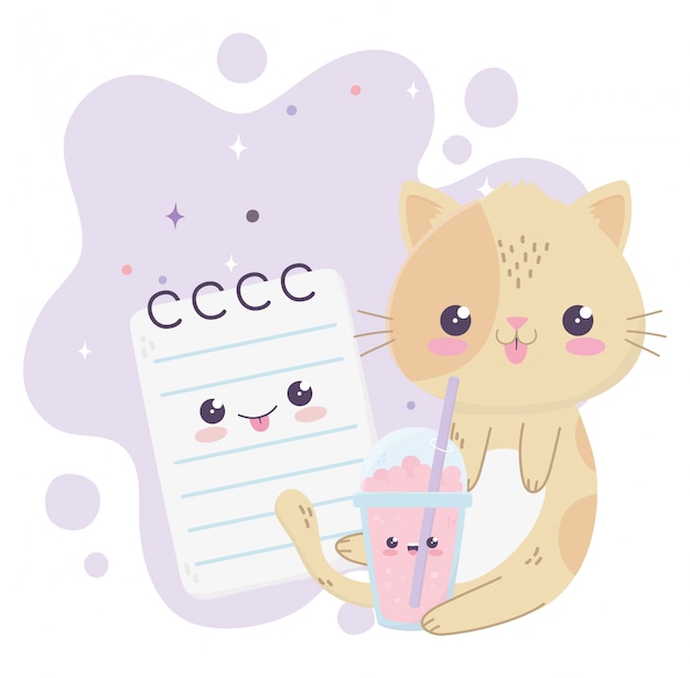 かわいい猫のミルクセーキとメモ帳のかわいい漫画のキャラクター