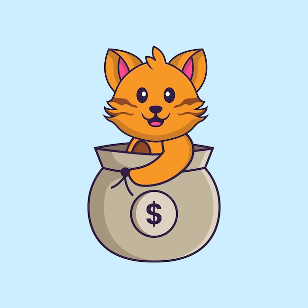 お金の袋の中のかわいい猫。分離された動物漫画の概念。フラット漫画スタイル