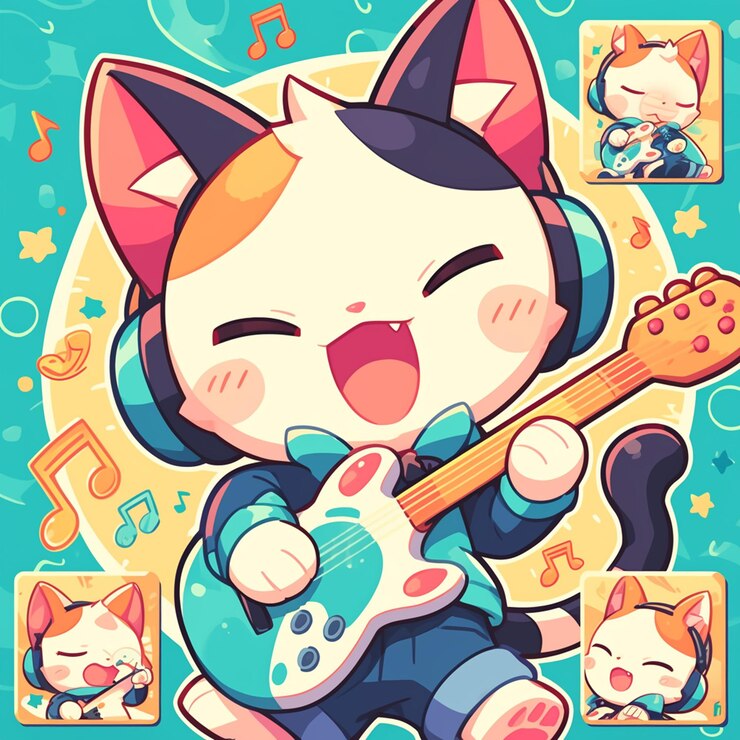 可愛い猫のミュージシャンアニメのスタイル