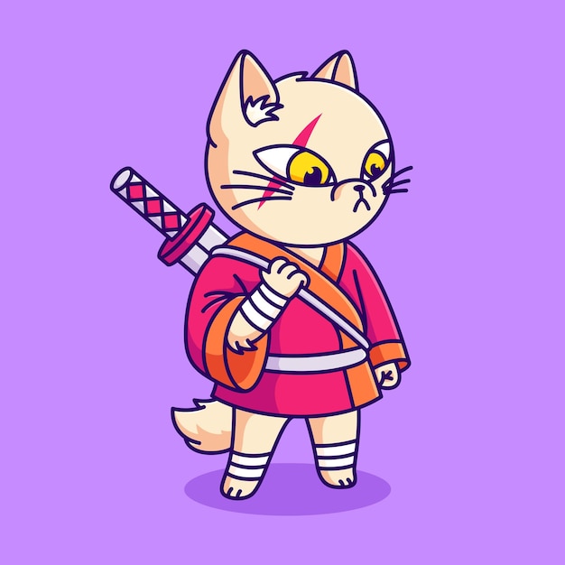 Simpatico gatto ninja con spada fumetto illustrazione. disegno del gatto samurai