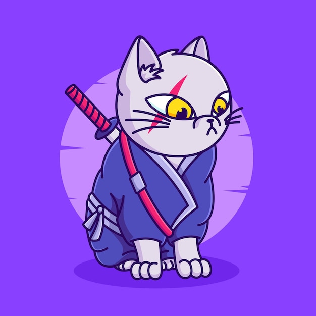 Simpatico gatto ninja con spada fumetto illustrazione. disegno del gatto samurai