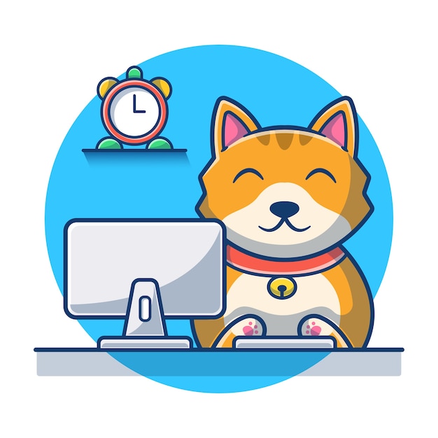 Cute Cat Operating Computer Cartoon . Cat icon cartoon concept. Animal illustration. Flat Cartoon Style
