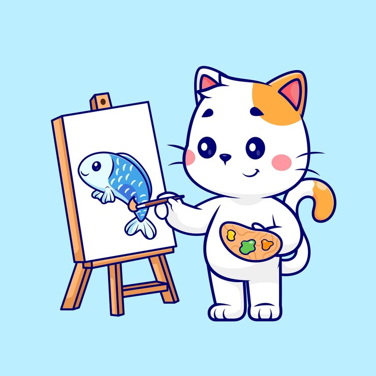 Vector cute cat painting fish cartoon vector icon illustration animal art icon isolated flat vector