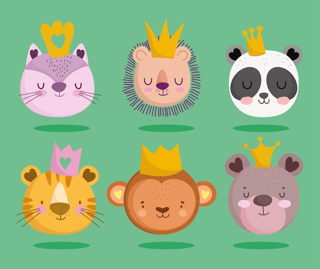 Cute cat panda lion monkey bear tiger crown animals faces cartoon set