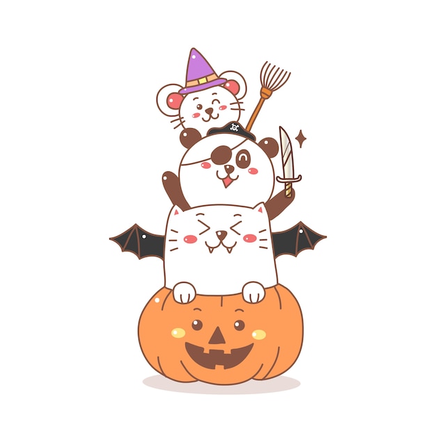 Cute cat panda and rat on the pumpkin cartoon for Halloween day.