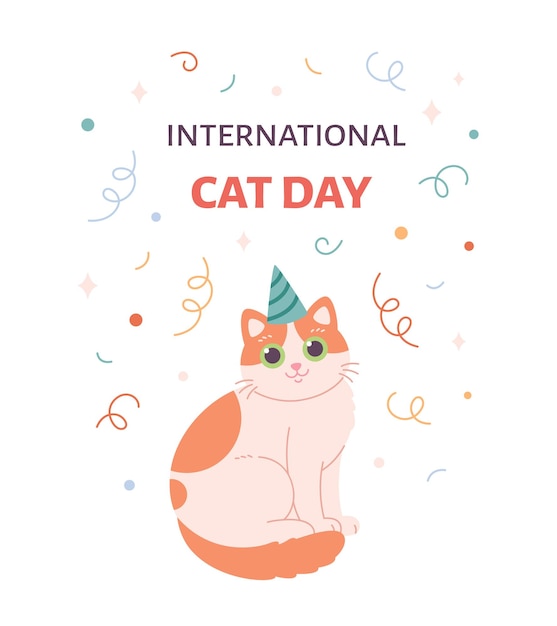 Cute cat in party hat International Cat Day Vector illustration in flat style