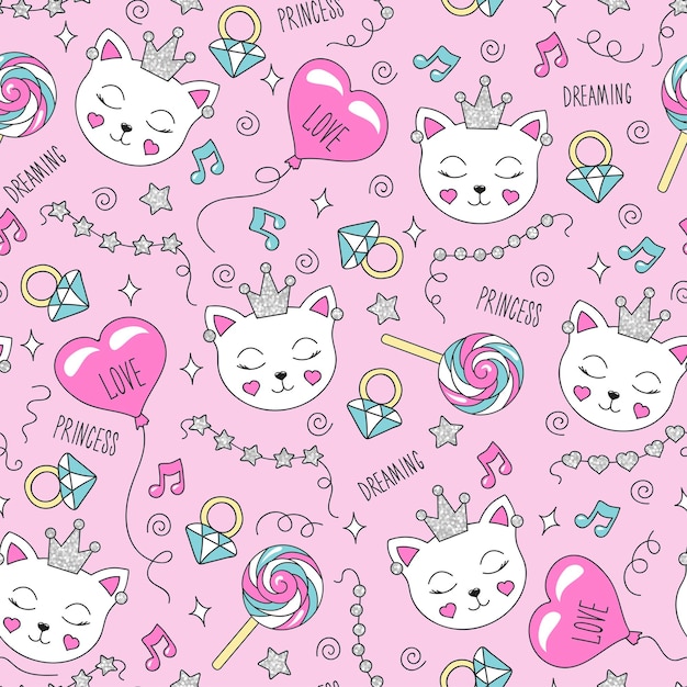 Cute cat pattern on a pink background. Colorful trendy seamless pattern. Fashion illustration drawing in modern style for clothes. Drawing for kids clothes, t-shirts, fabrics or packaging.