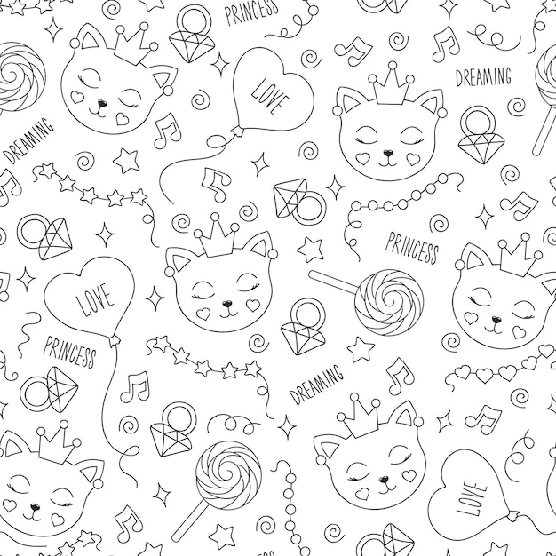 Cute cat pattern on a white background. Black and white abstract outline seamless pattern. Drawing for kids clothes, t-shirts, fabrics or packaging.  Bunny, balloon, note, beads, star, ring.