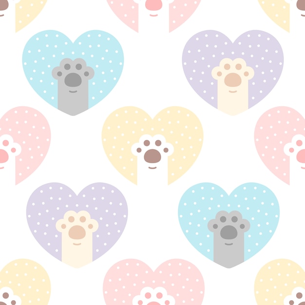 Cute cat paw footprint with heart seamless pattern background