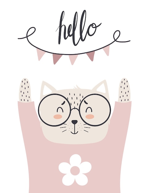 Vector cute cat in a pink scandinavian style sweater with lettering for childish design