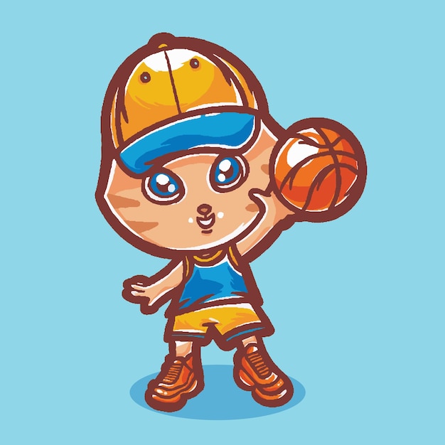 Simpatico gatto gioca basket ball illustrazione cartone animato