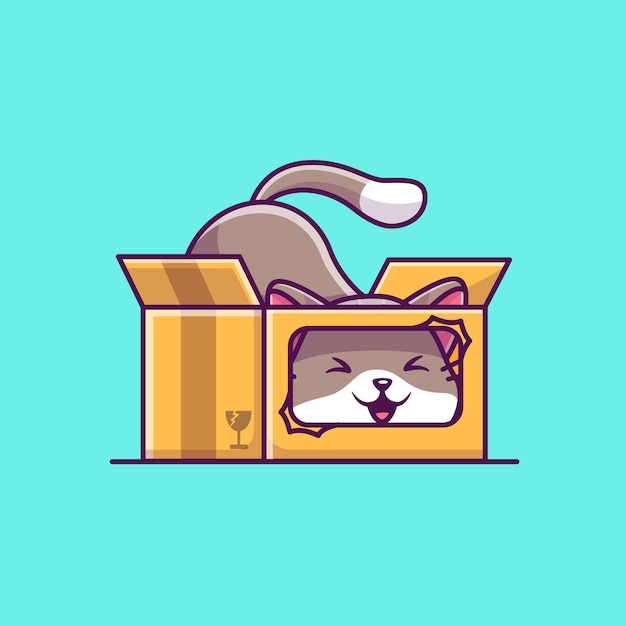 Vector cute cat play in box cartoon   icon illustration.  flat cartoon style