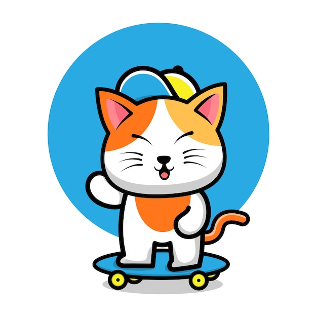 Cute cat play skateboard cartoon illustration