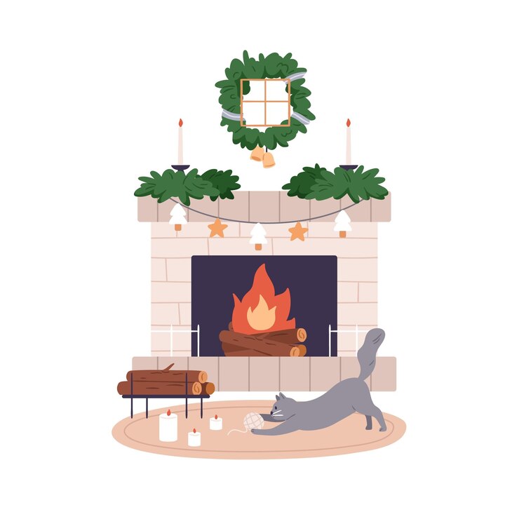 Vector cute cat playing by christmas fireplace at home funny kitty with yarn by fireside in cozy living room at xmas playful kitten at new year eve flat vector illustration isolated on white background