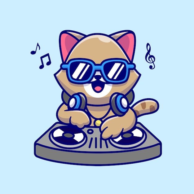 Vector cute cat playing dj music with headphone cartoon vector icon illustration animal music icon concept