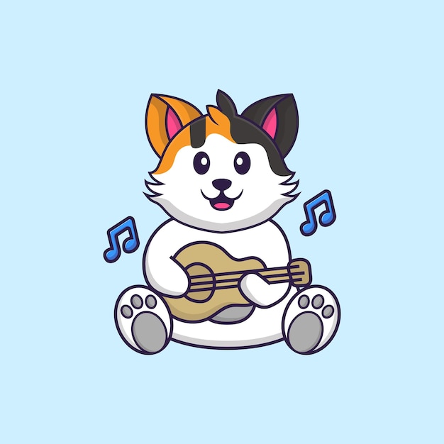 ギターを弾くかわいい猫。分離された動物漫画の概念。フラット漫画スタイル