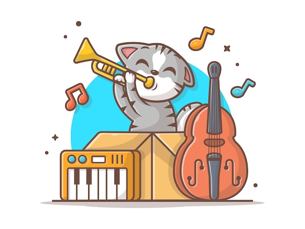 Cute Cat Playing Jazz Music in Box with Saxophone, Piano and Contrabass Vector Icon Illustration. Animal And Music Icon Concept White Isolated