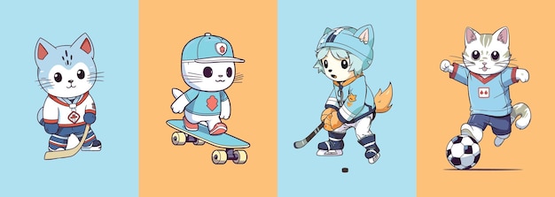 Vector cute cat playing many games set of 4 sports jersey illustrations