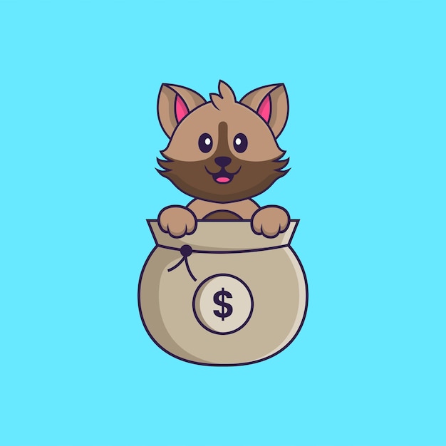 お金の袋で遊ぶかわいい猫。分離された動物漫画の概念。