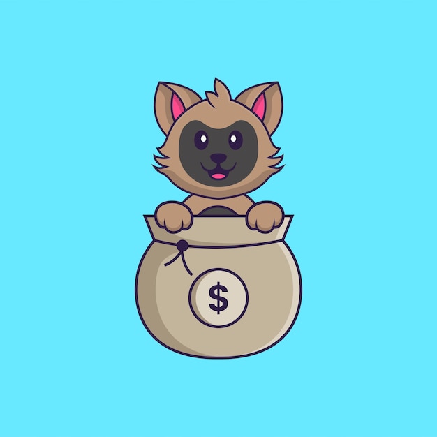 Vector cute cat playing in money bag. animal cartoon concept isolated.