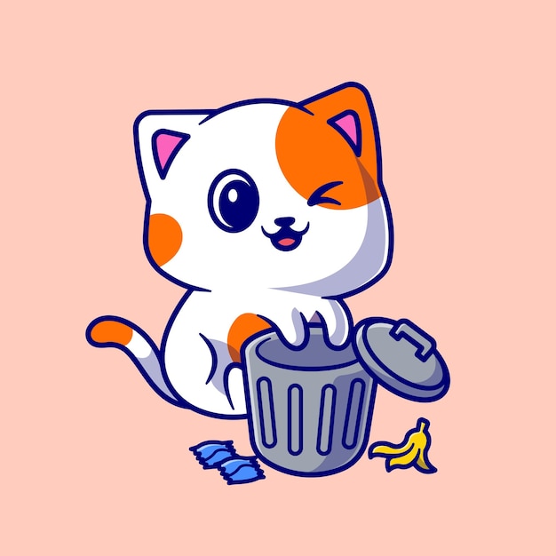 ゴミ箱のゴミ箱で遊ぶかわいい猫漫画ベクトルアイコンイラスト 動物の性質のアイコンの概念は プレミアムベクトルを分離しました フラット漫画スタイル プレミアムベクター