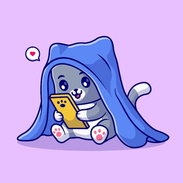 Cute cat playing phone in blanket cartoon vector icon illustration animal technology icon isolated