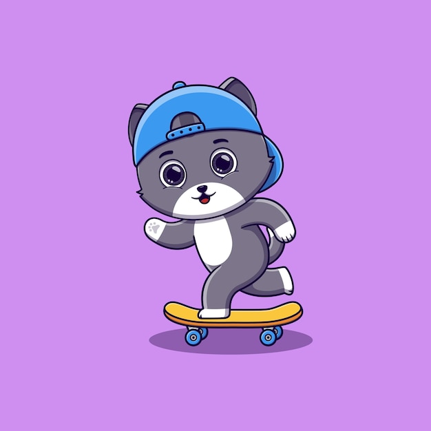 cute cat playing skateboard cartoon