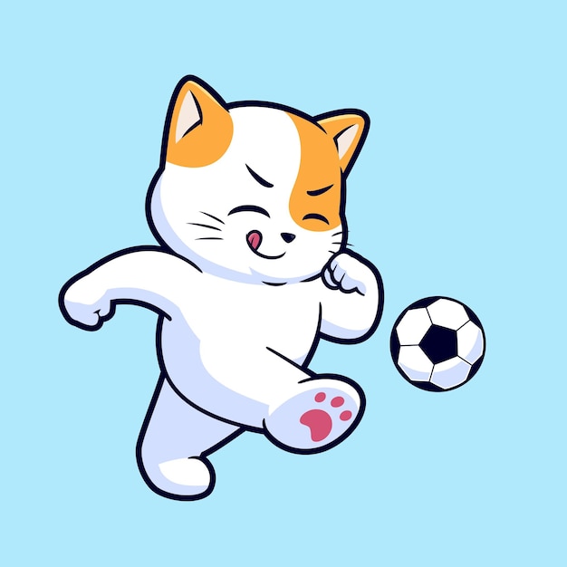 Cute cat playing soccer or football cartoon vector icon illustration flat style animal cartoon logo