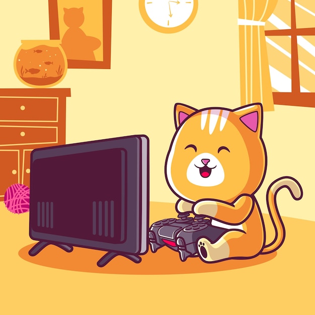 ビデオゲームの漫画イラストを再生するかわいい猫