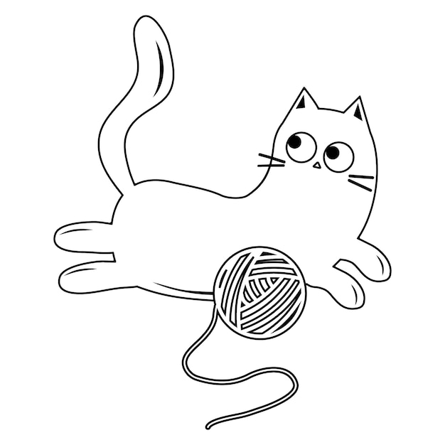 Cute cat playing with a ball of thread black outline vector illustration in doodle style