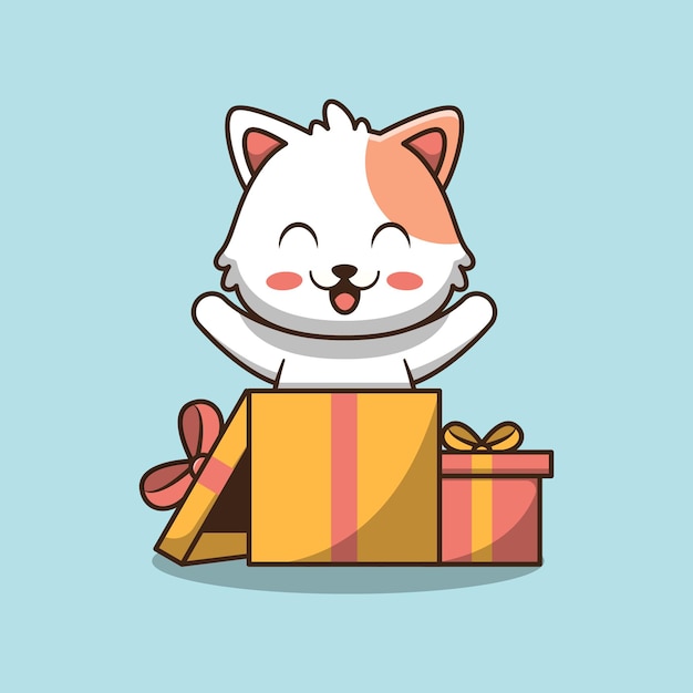 ギフトボックスのイラストで遊ぶかわいい猫