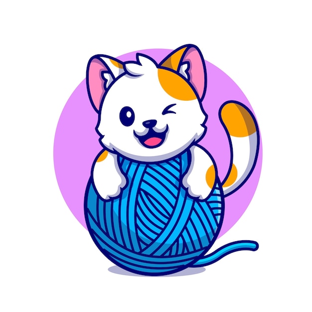 Cute Cat Playing Yarn Ball Cartoon Icon Illustration.