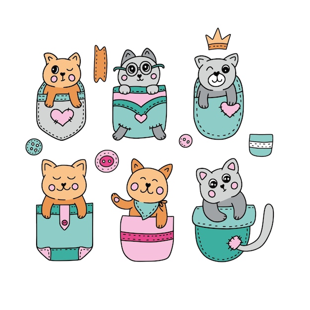 Cute cat in pocket kids collection, baby animal illustration icon set.