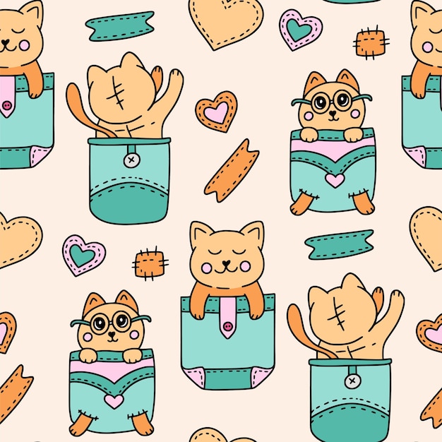 Cute cat in pocket kids seamless pattern